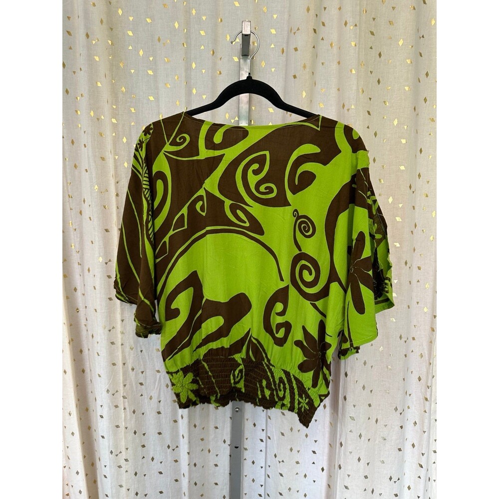 Wahine Toa Designs Hawaiian Tahitian Split Bell Sleeves Smocked Hem Blouse S - Picture 3 of 6